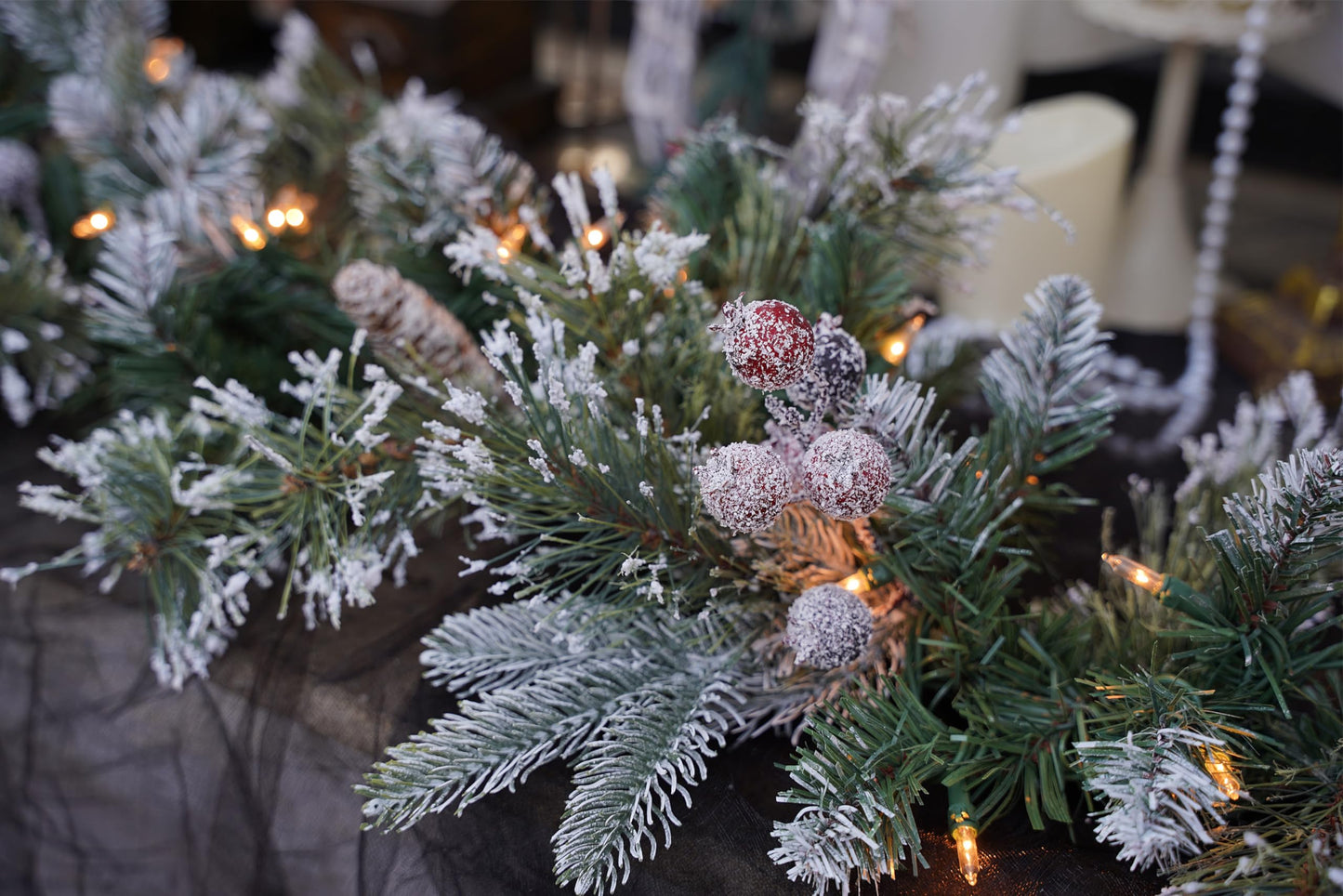 CRSMATTS Pre-Lit Artificial Christmas Garland, Snowy Garland, White Lights 50, Decorated with Pine Cones, Berry Clusters,Pine Needle,Plug in, Christmas Decorations, 6 Feet