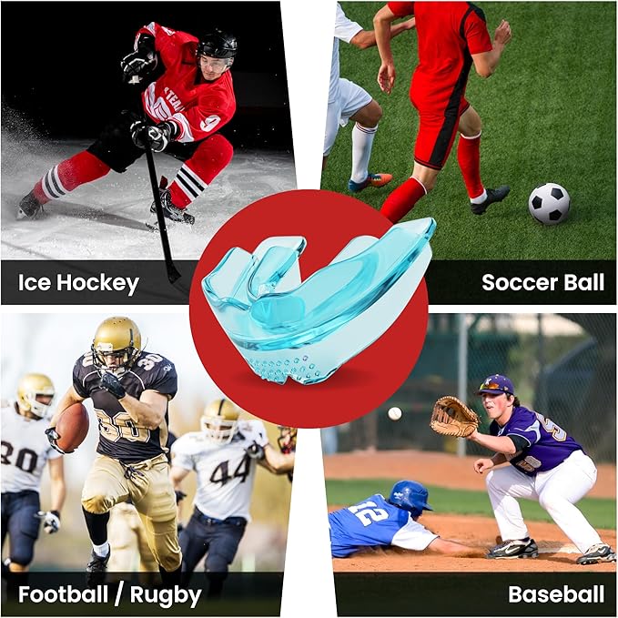 SafeGrin Blue Mouth Guard for Braces for Sports - Premium Silicone Teens & Youth Upper & Lower Teeth Protection for Sports - Football, Lacrosse, Hockey, Baseball