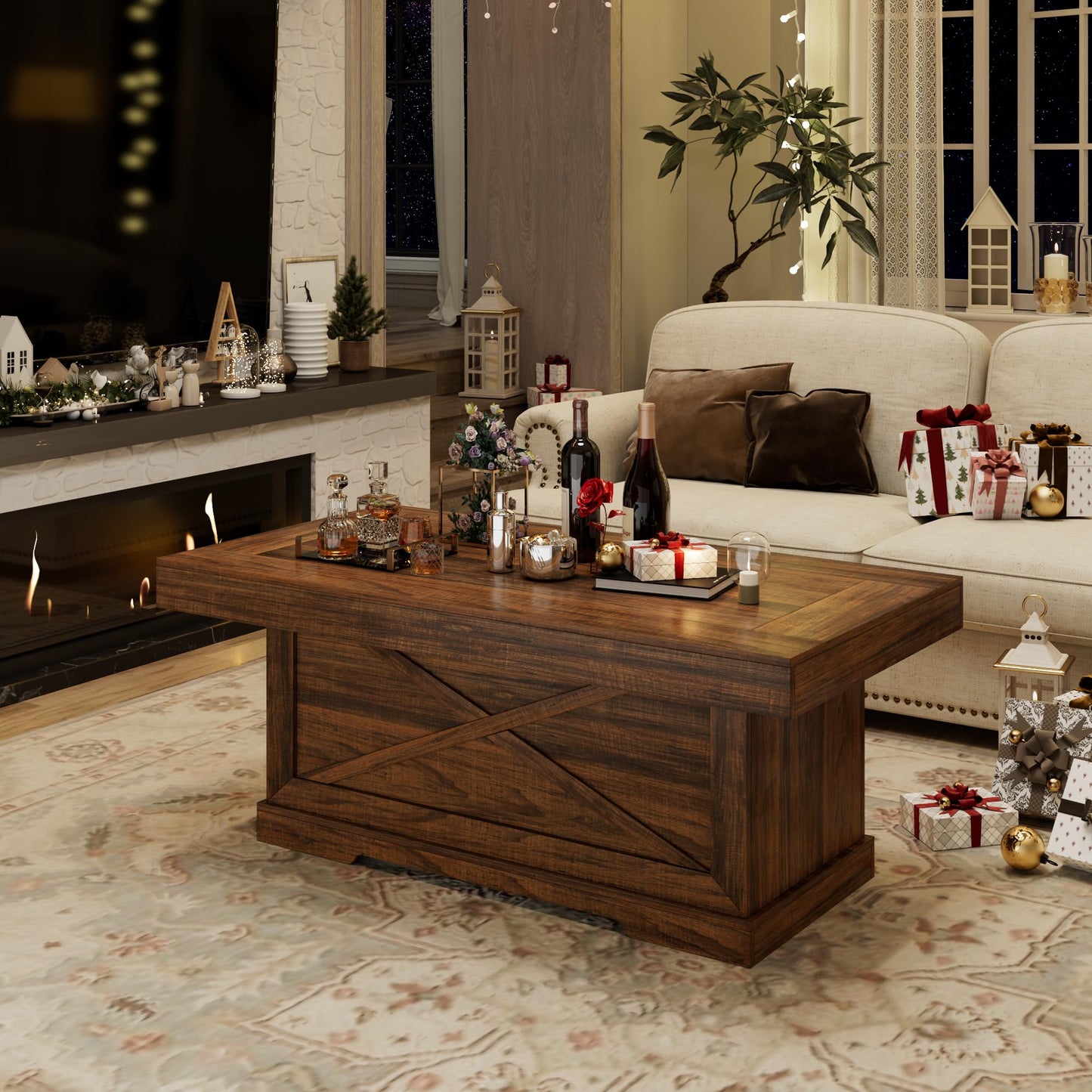 Lareth Coffee Table 39 in Rustic Center Table with X-Design Wooden Pedestal for Living Room, Space Saving, Easy Assembly Rectangle Home Office Tea Accent Table for Dining Room Apartment, Walnut