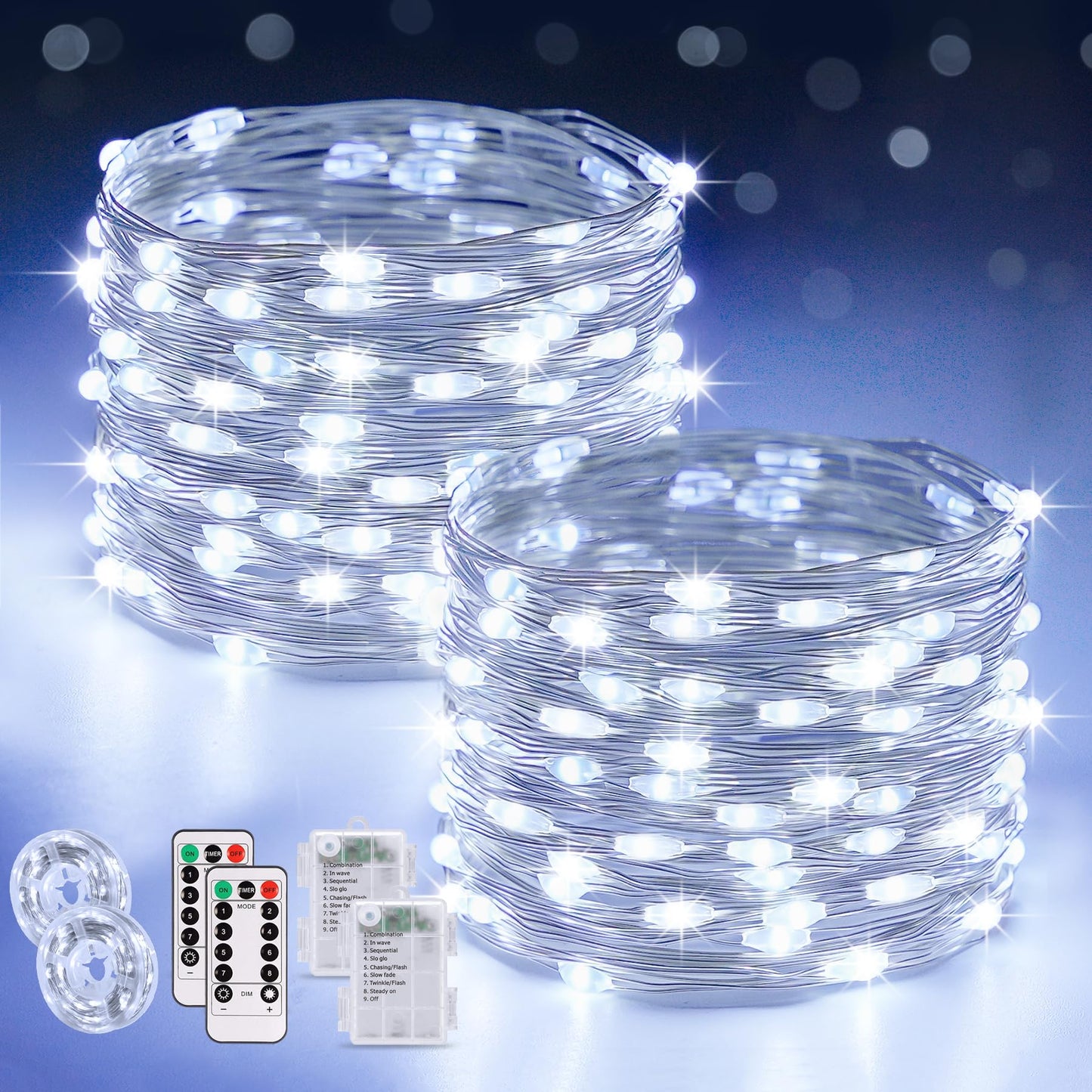 JMEXSUSS 2 Pack White Fairy Lights Battery Operated, Total 200 LED 66ft Twinkle Lights with Remote, 8 Mode White String Lights for Bedroom Ceiling Centerpiece Tree Indoor Outdoor Decor