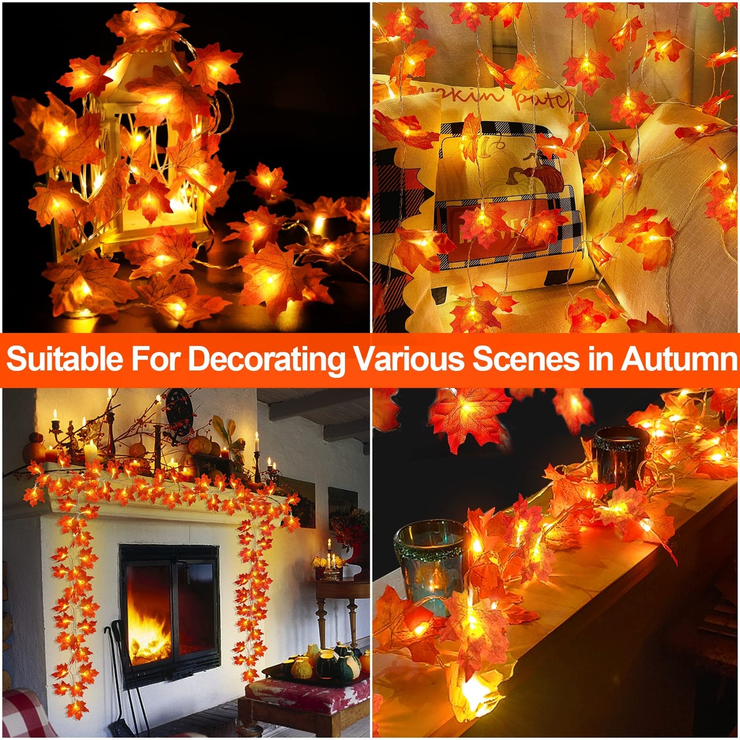 TURNMEON 2 Pack Fall Decor Enlarged Maples Leafed Fall Decorations for Home Fall Lights Thick Leafs Garlands, Total 20Ft 40LED Battery Operated Waterproof Thanksgiving Halloween Decor Indoor Outdoor