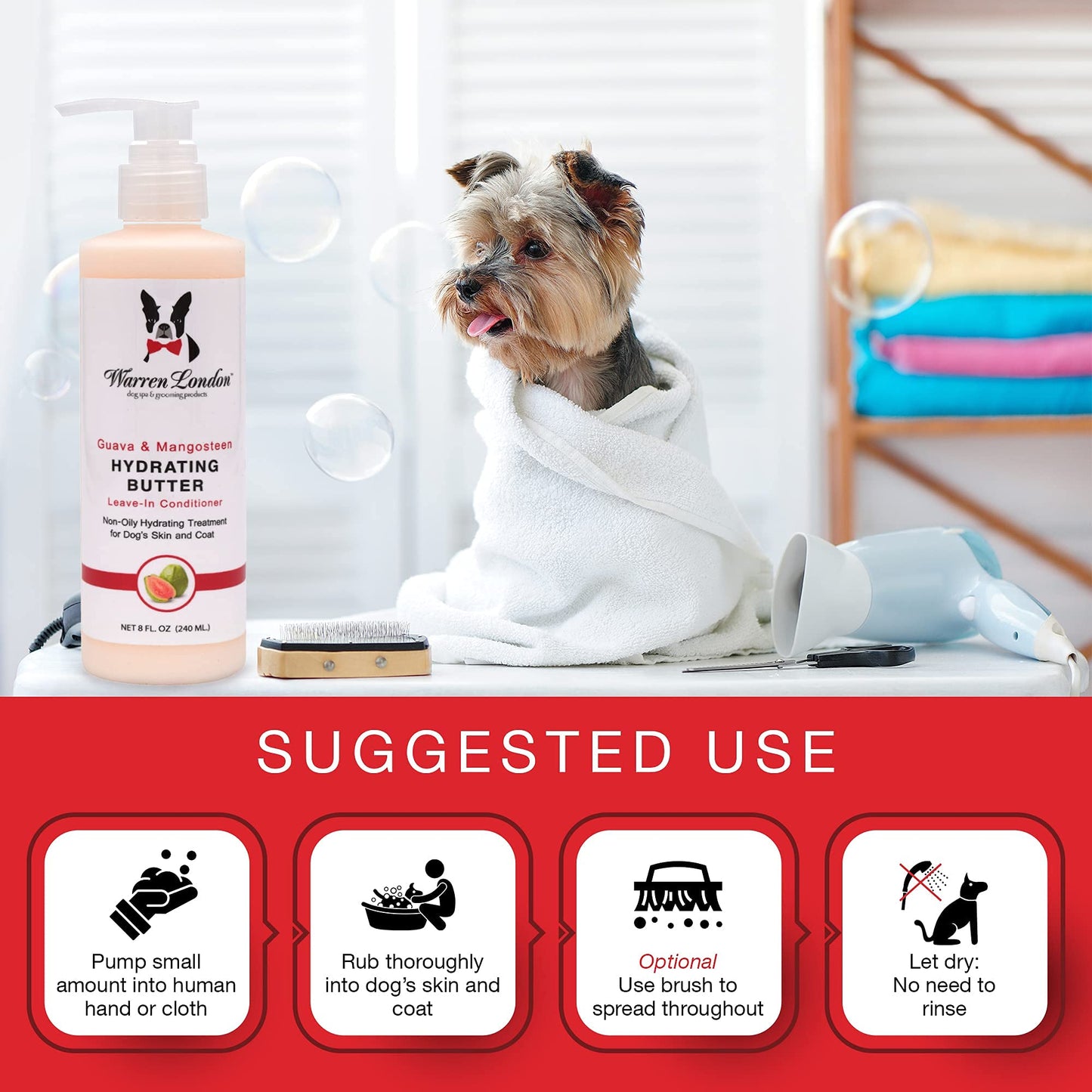 Warren London Hydrating Butter Leave in Pet Conditioner for Dogs | Lotion for Skin and Coat | Aloe Puppy & Dog Conditioner for Hair Detangler, Dry Skin, & Pet Fur Dandruff | Made in USA | Guava 8oz