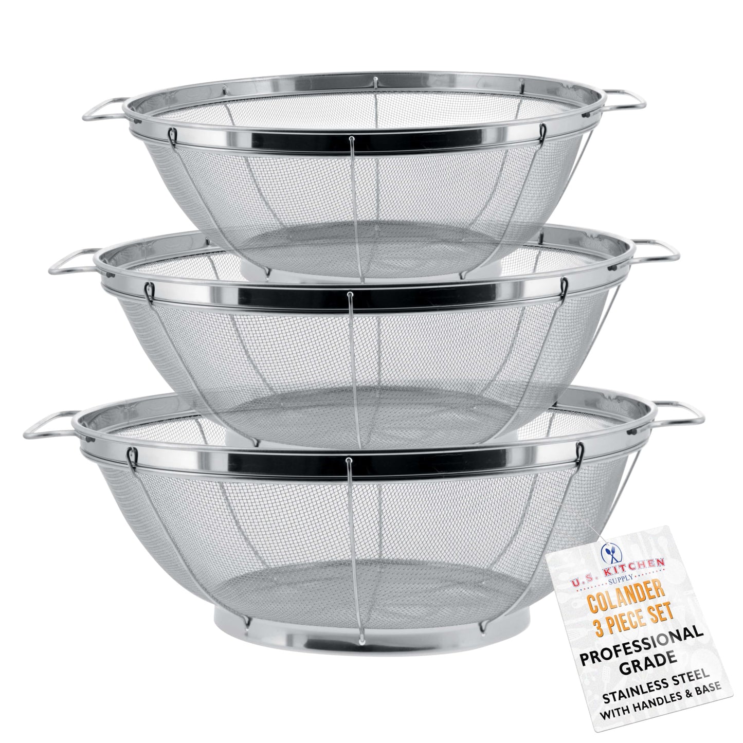 U.S. Kitchen Supply Set of 3 Stainless Steel Colander Strainers Net Baskets - 11", 9.5" & 8.5" Sizes - Colander with Handles & Resting Base - Stainless Steel Sieve, Strainers and Colanders for Kitchen