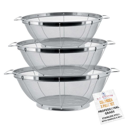 U.S. Kitchen Supply Set of 3 Stainless Steel Colander Strainers Net Baskets - 11", 9.5" & 8.5" Sizes - Colander with Handles & Resting Base - Stainless Steel Sieve, Strainers and Colanders for Kitchen