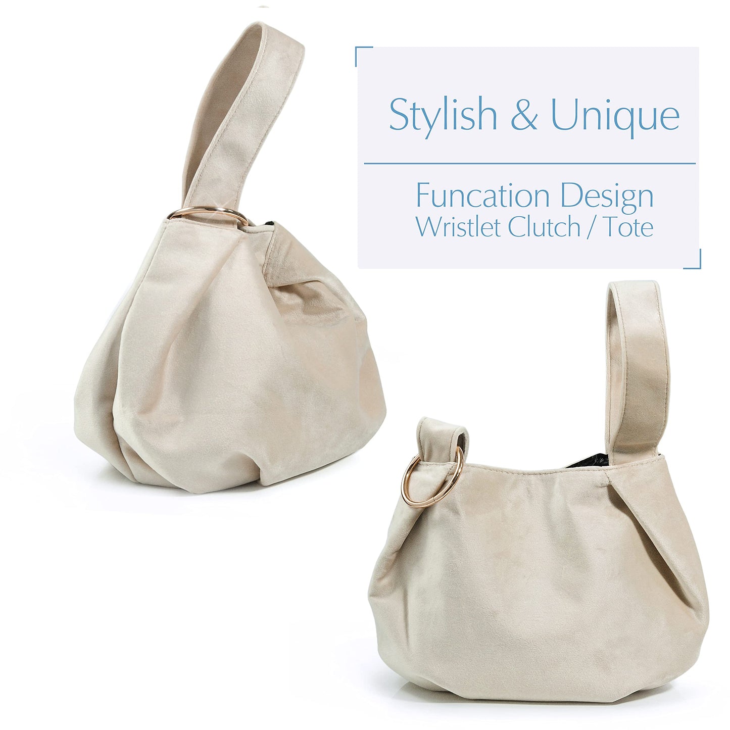 Women Clutch Velvet Top Handle Bag Wristlet Small Tote Purse (Beige)