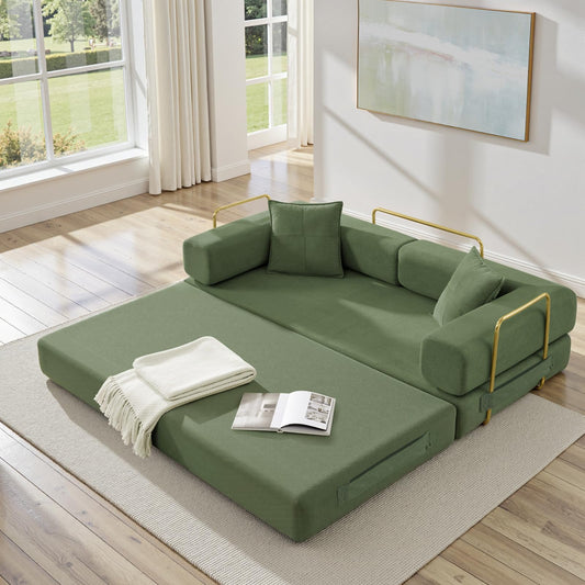 ivoros Folding Sofa Bed, Convertible Sleeper Sofa Bed with Gold Fixed-Shape Frame, Corduroy Floor Couch, Lazy Compression Sofa for Living Room, Bedroom, Home Theater, Green