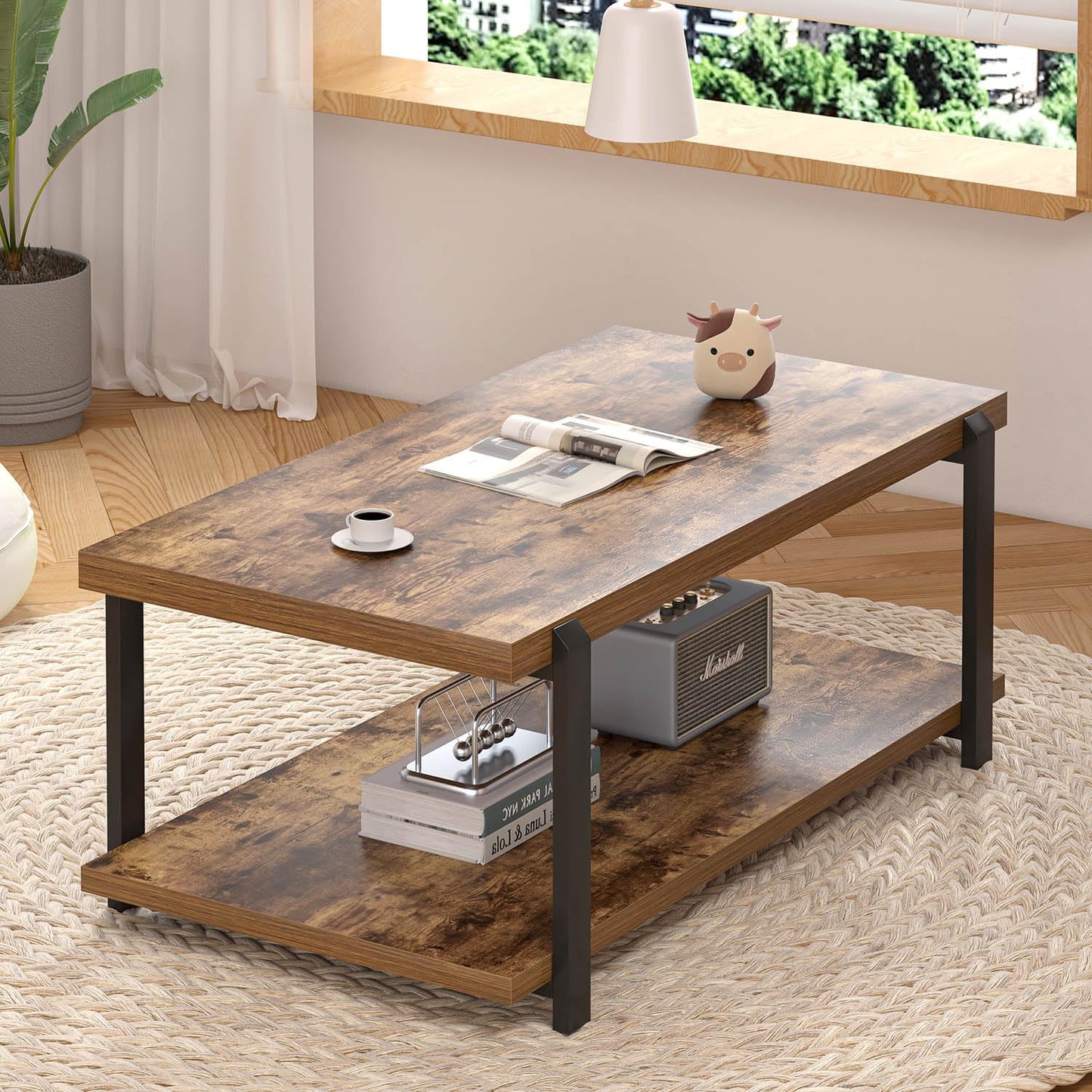 FOLUBAN Modern Coffee Table, Rustic Wood Center Table with Storage for Living Room, Industrial Rectangle 2 Tier Low Cocktail Tea Table, Rustic Brown