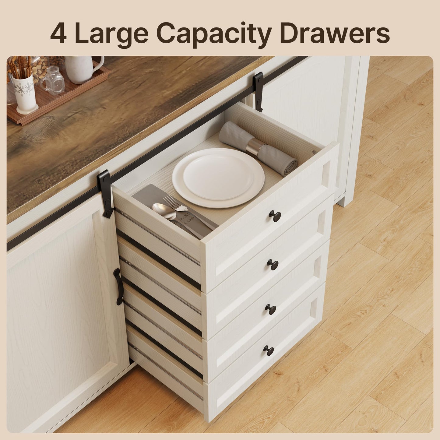 Gizoon Sideboard Buffet Cabinet with Storage, Large Kitchen Sideboard and Coffee Bar with Sliding Barn Doors and 4 Drawers, Kitchen Storage Island for Dining Room, Living Room, Retro