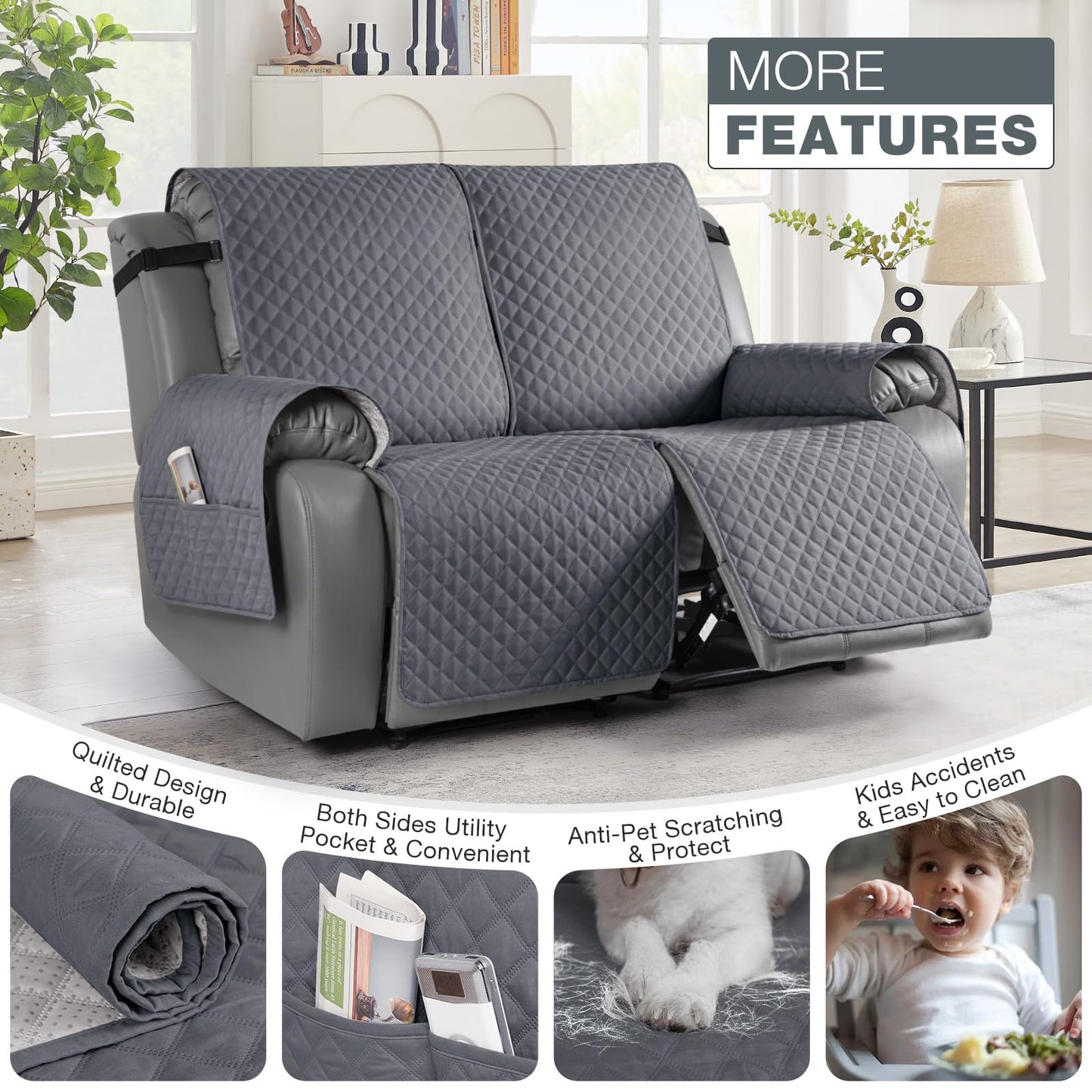 TAOCOCO Loveseat Recliner Cover Non-Slip Sofa Slipcover, Pet Cover for Loveseat Recliner with Elastic Straps, Washable Reclining Loveseat Covers Recliner Furniture Protector (2 Seater, Dark Grey)