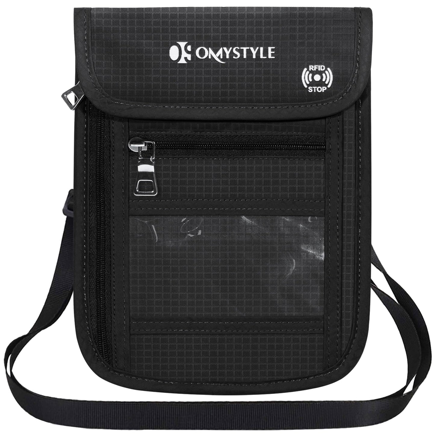 OMYSTYLE Neck Wallet, RFID Passport Holder for Travel, Adjustable Neck Strap, Waterproof Neck Pouch for Men & Women to Keep Cash, Credit Cards and Documents Safe, Black (8x6)