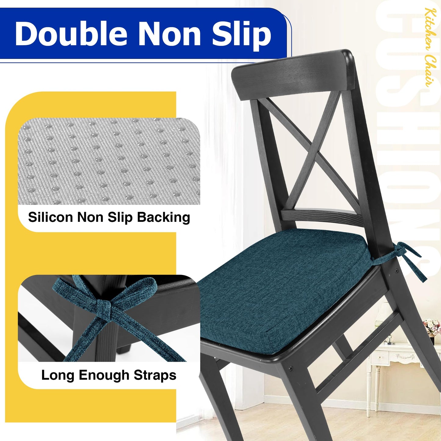 Tromlycs Chair Cushions for Dining Chairs Set of 4 with Ties Chair Seat Pads for Kitchen and Indoor Dining Chairs Non Slip 16"x16.5"x2", Blue
