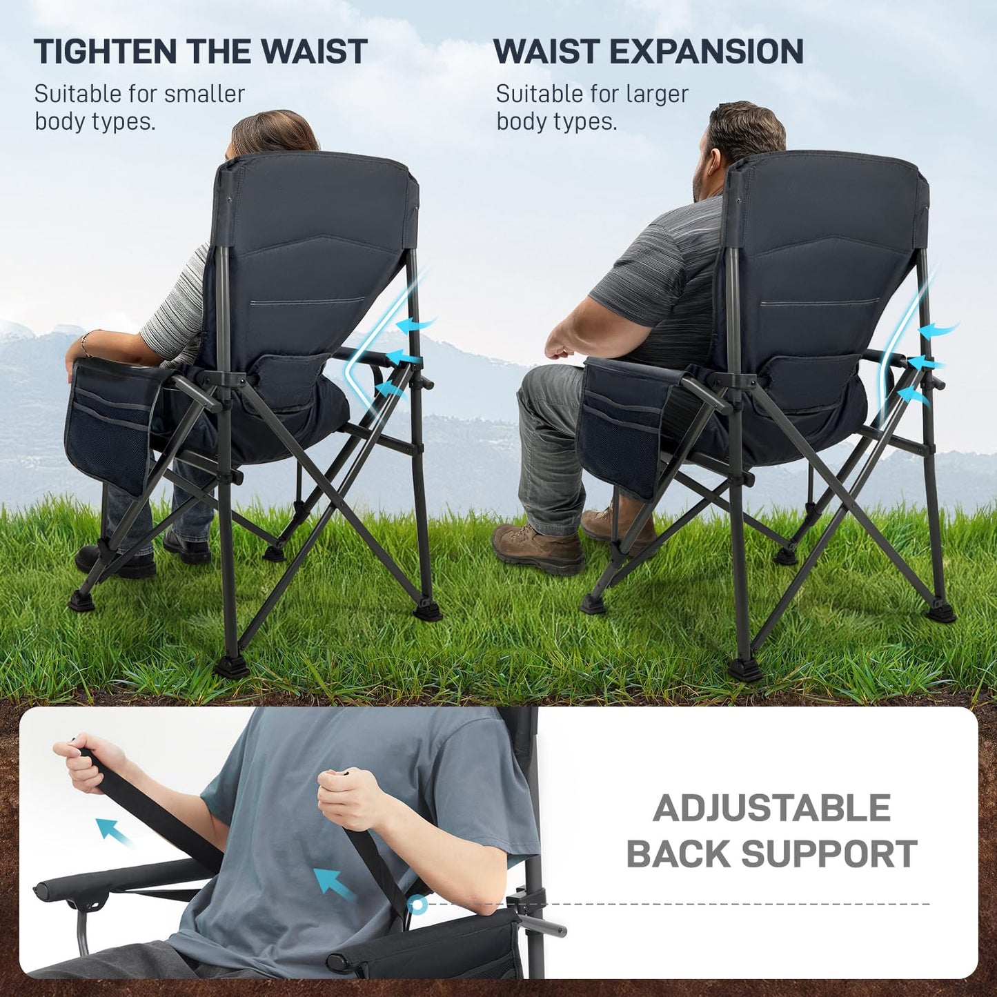 EVER ADVANCED Oversized Folding Camping Chair for Adults with Adjustable Lumbar Support, Heavy Duty Chair with Side Pockets, Portable Collapsible Quad Chair for Outside, Support Up to 500lbs,Grey