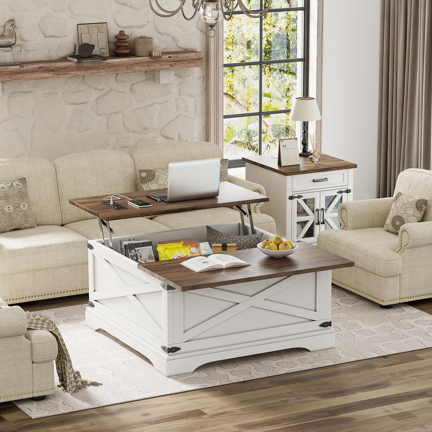 BROTTAR Lift Top Coffee Table with Storage, Square Coffee Table for Living Room with Charging Ports, Farmhouse Dining Table with Large Hidden Storage, White, 31.5"