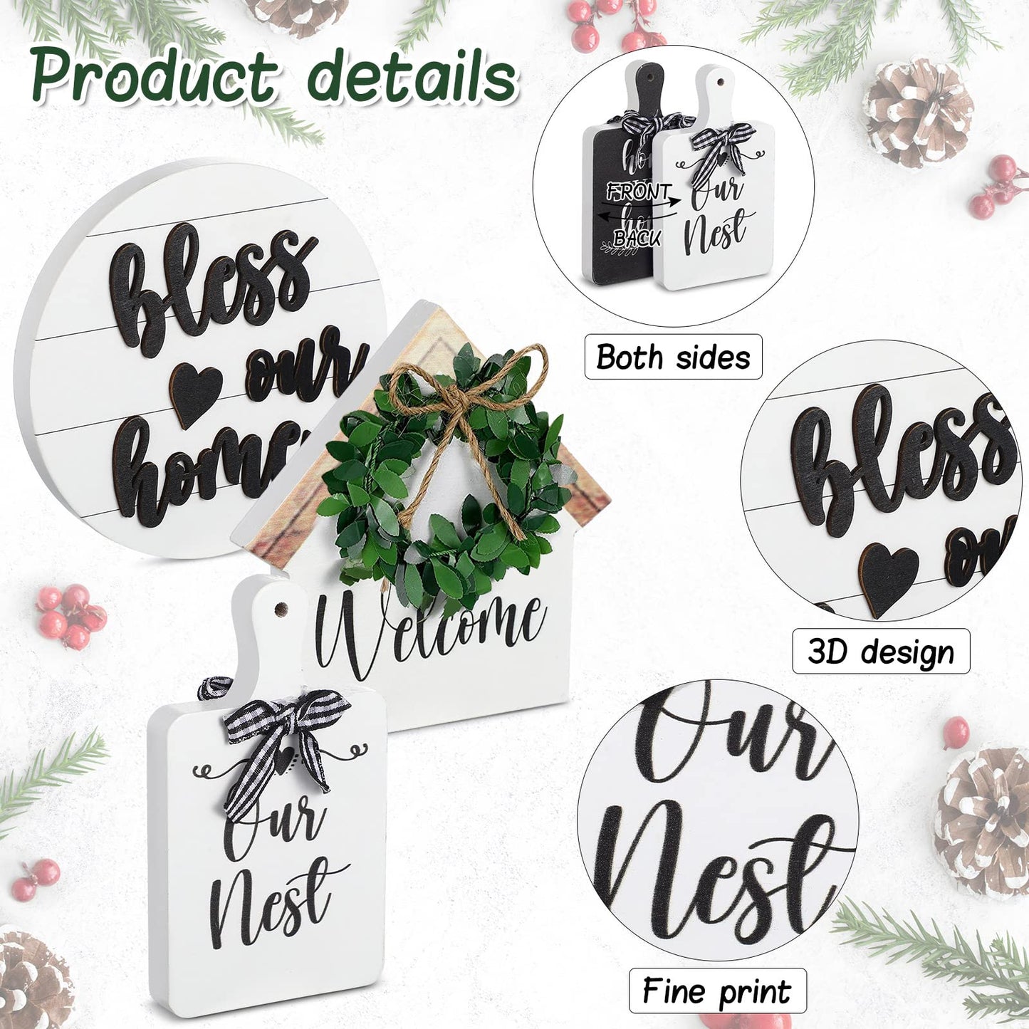 4 Pieces Farmhouse Tiered Tray Decor Set Including House Farmhouse Sign Wooden Small Items Plaid Wood Bead Garland for Home Decor(Simple Style)