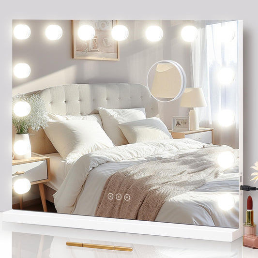 NUSVAN Vanity Mirror with Lights Lighted Makeup Mirror with 15 Dimmable LED Bulbs,3 Color Lighting Modes,USB Charging Port Touch Control,Sturdy Metal Frame Design 24x18 Inch,White