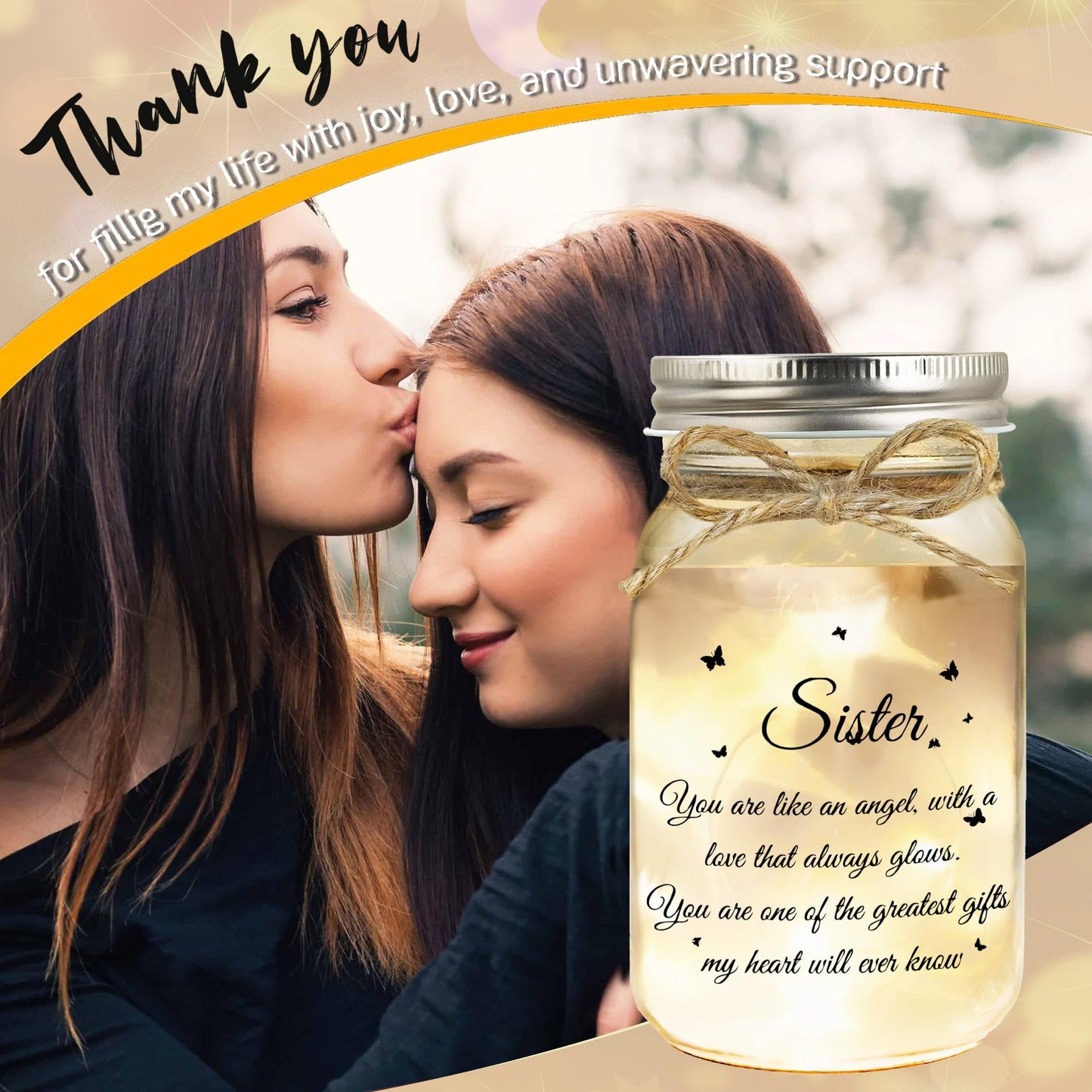 Hua Feishang Sister Gifts - Mason Jar with Warm Lights, Soul Sister Gift for Women, Sister Birthday Gifts, Decorations Present for Thanksgiving Christmas Anniversary