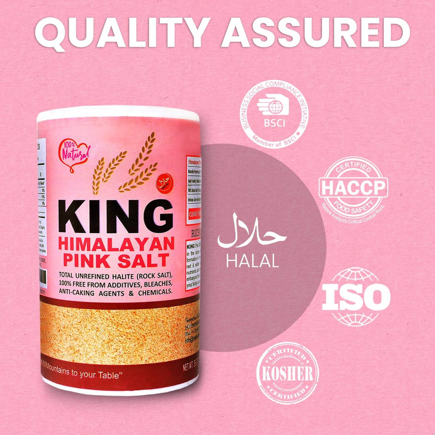 KING Certified Himalayan Pink Salt - Fine Grain, 737g/1.62lbs | Natural Minerals-Rich Salt for Cooking,Seasoning & Grinder Refill