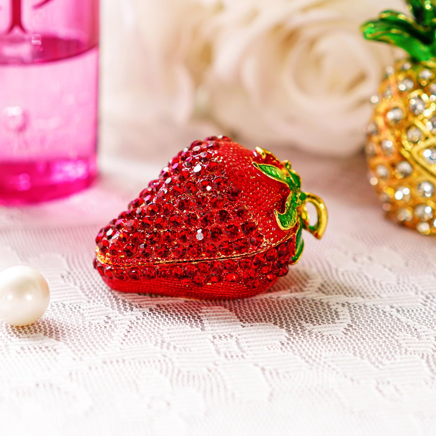 YU FENG Hinged Trinket Box For Girls, Handmade Red Strawberry Trinket Boxes Decorated for Women (red strawberry)