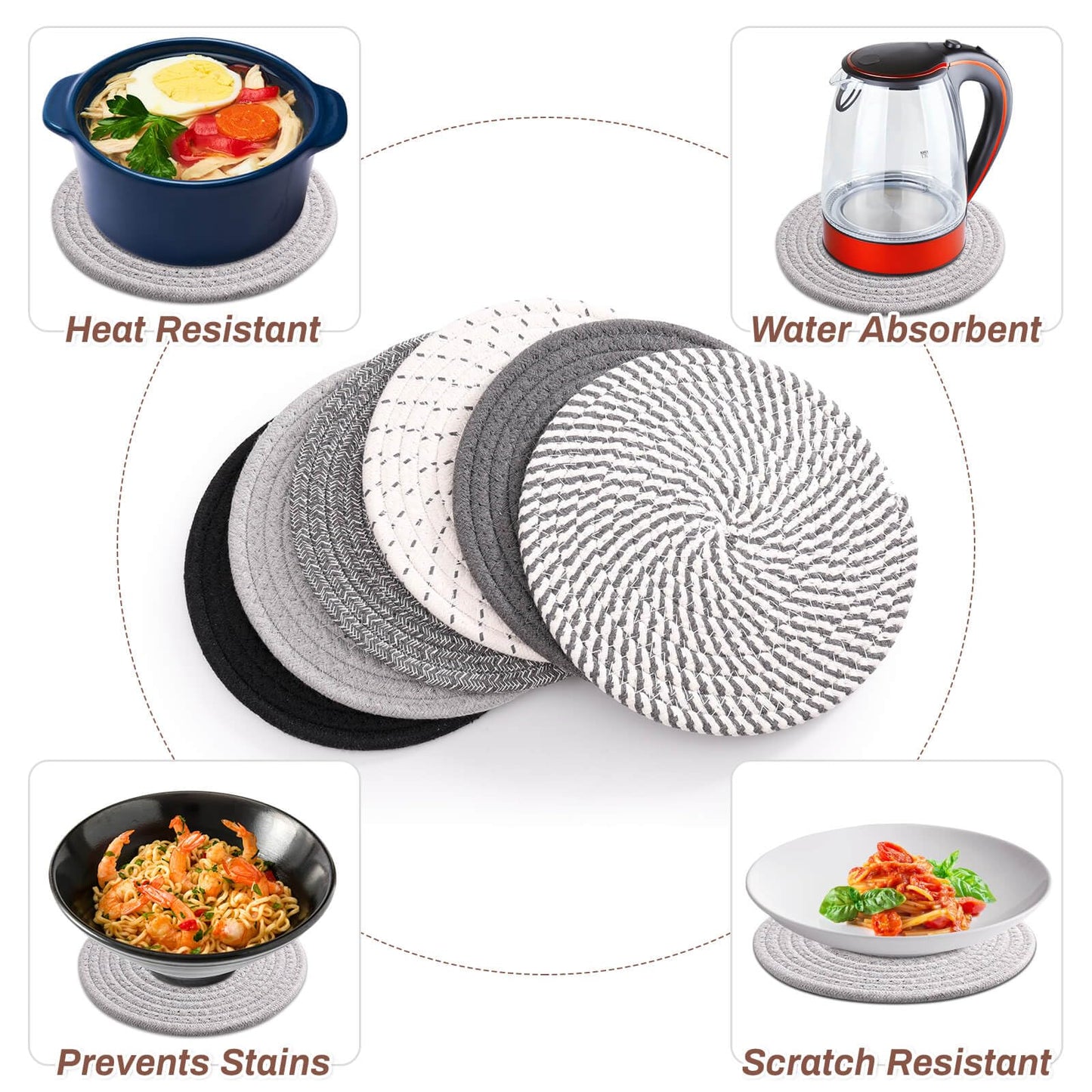 Billbotk 8'' Trivets Hot Dishes, Hot pots and Pans, 6 Heat Resistant Hot Pads, Pot Holders Kitchen, Hot Plate Mats Kitchen Countertops, Table, Home Essentials New Home and Farmhouse Decor