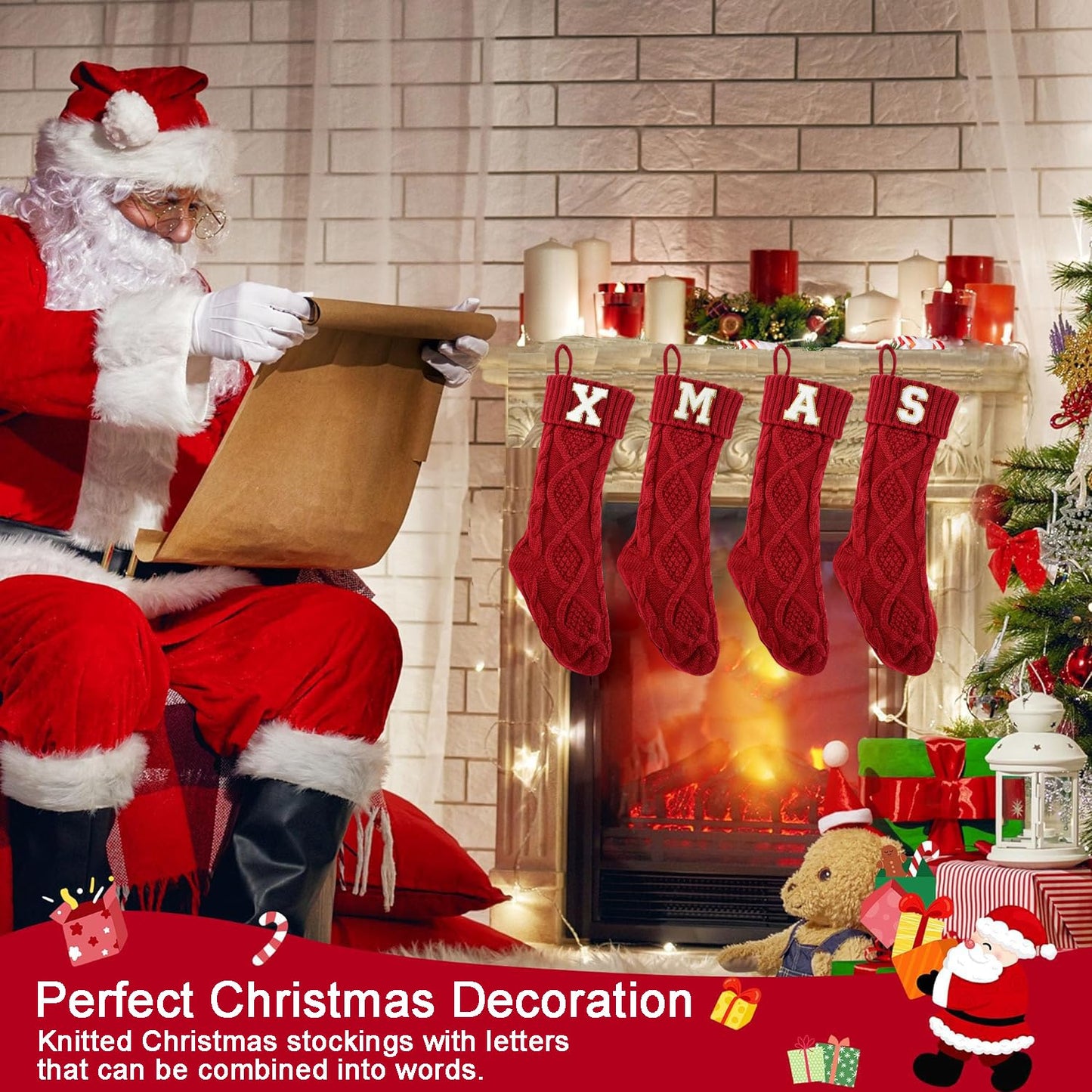 TETOU Monogram Christmas Stockings with Initials Letter 18" Stockings for Christmas Party Decoration (Red K)