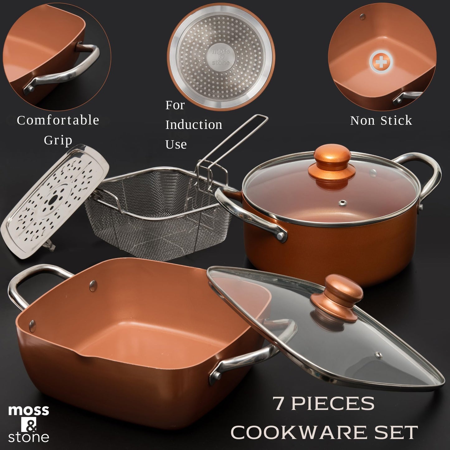 Moss & Stone 7 Pcs Copper Pots And Pans Set, Copper Chef Cookware Non Stick, Square Copper Pans for Cooking, Round Copper Pot & Fry Basket, Oven Safe 5 Quart Deep Frying Pan, Induction Cookware Set