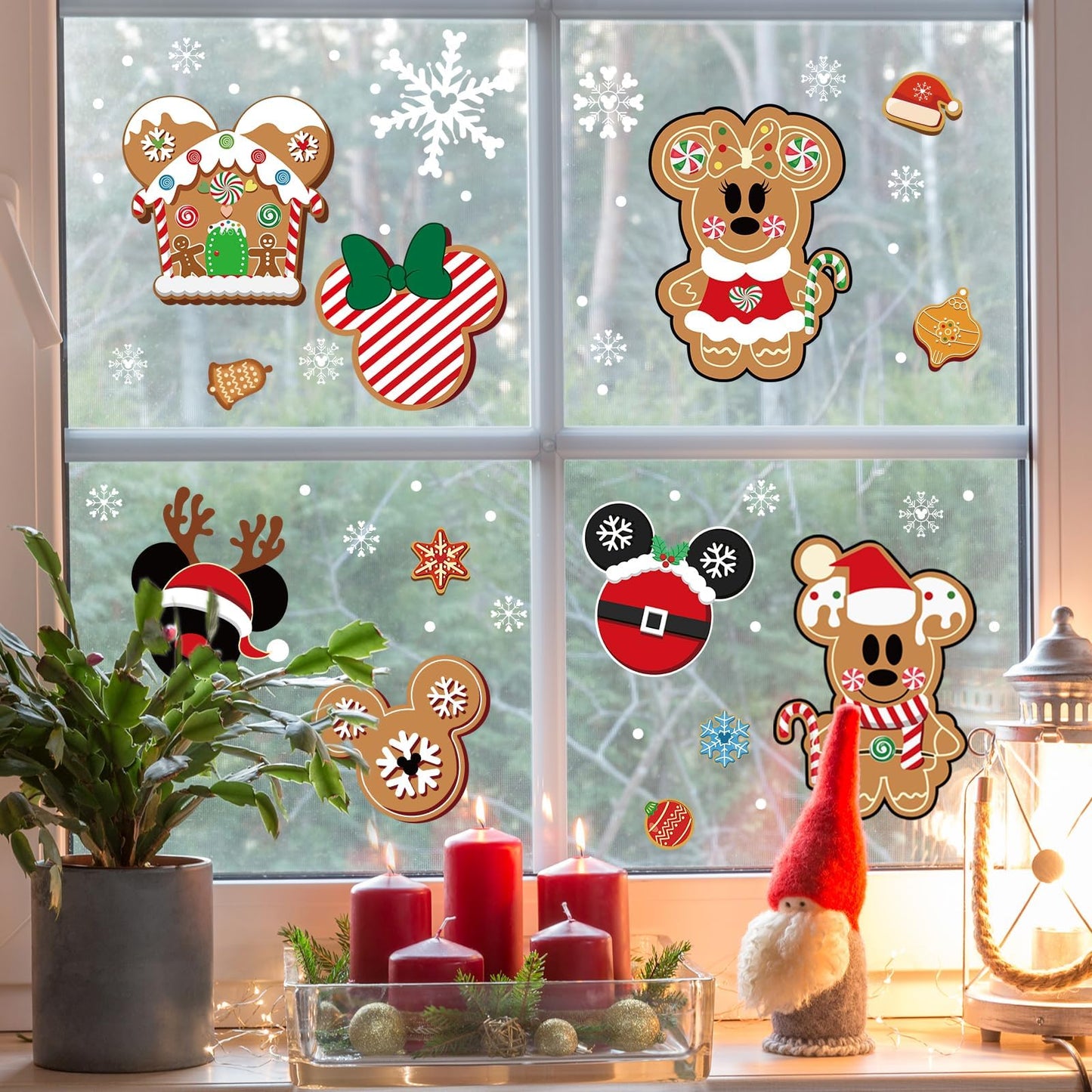 Christmas Gingerbread Window Cling Decorations - 12 Sheets Double-Sided Christmas Gingerbread Sticker for Window Decor, Mouse, Castle, Snowflake Stickers for Indoor Office Home Decor