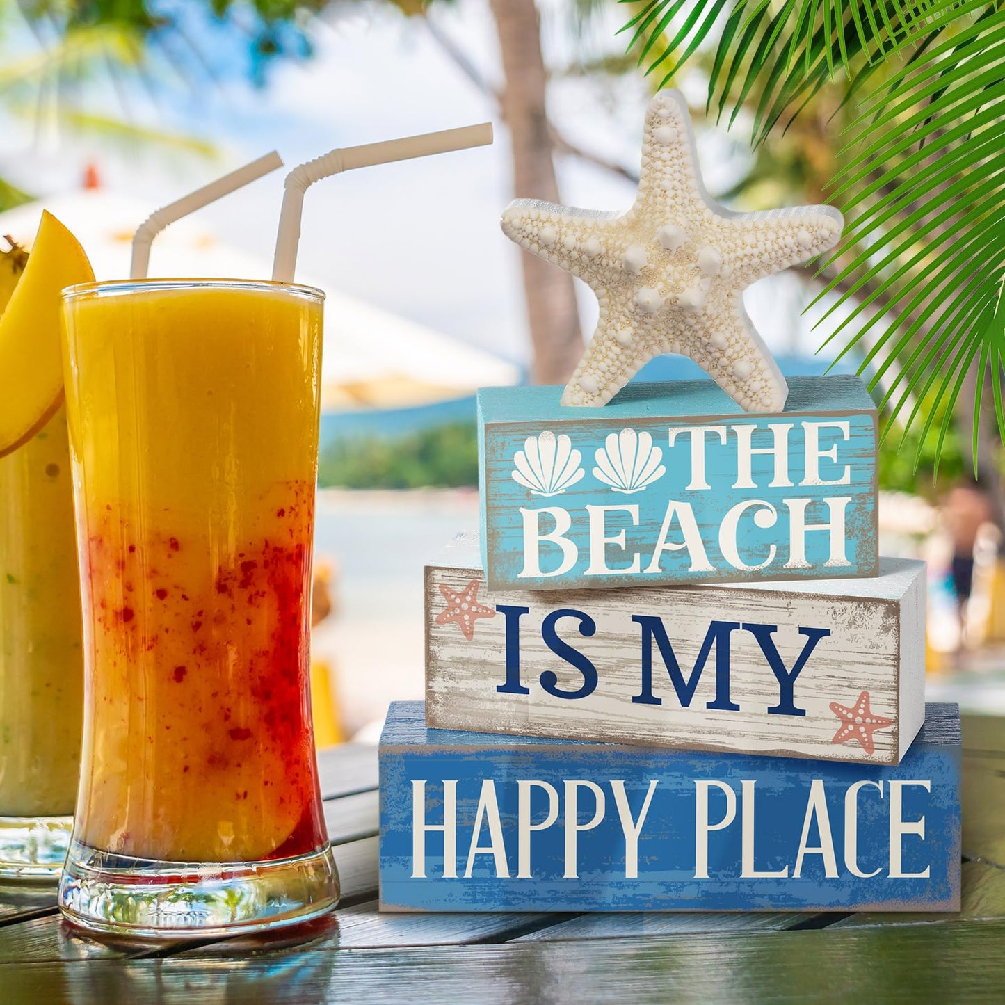 Moucuny 4 Pcs Summer Beach Tiered Tray Decor Ocean Starfish Shell Table Centerpieces Summer Rustic Decorative Starfish Block Signs Gift Farmhouse Tabletop Sign for Home Table Kitchen Shelf