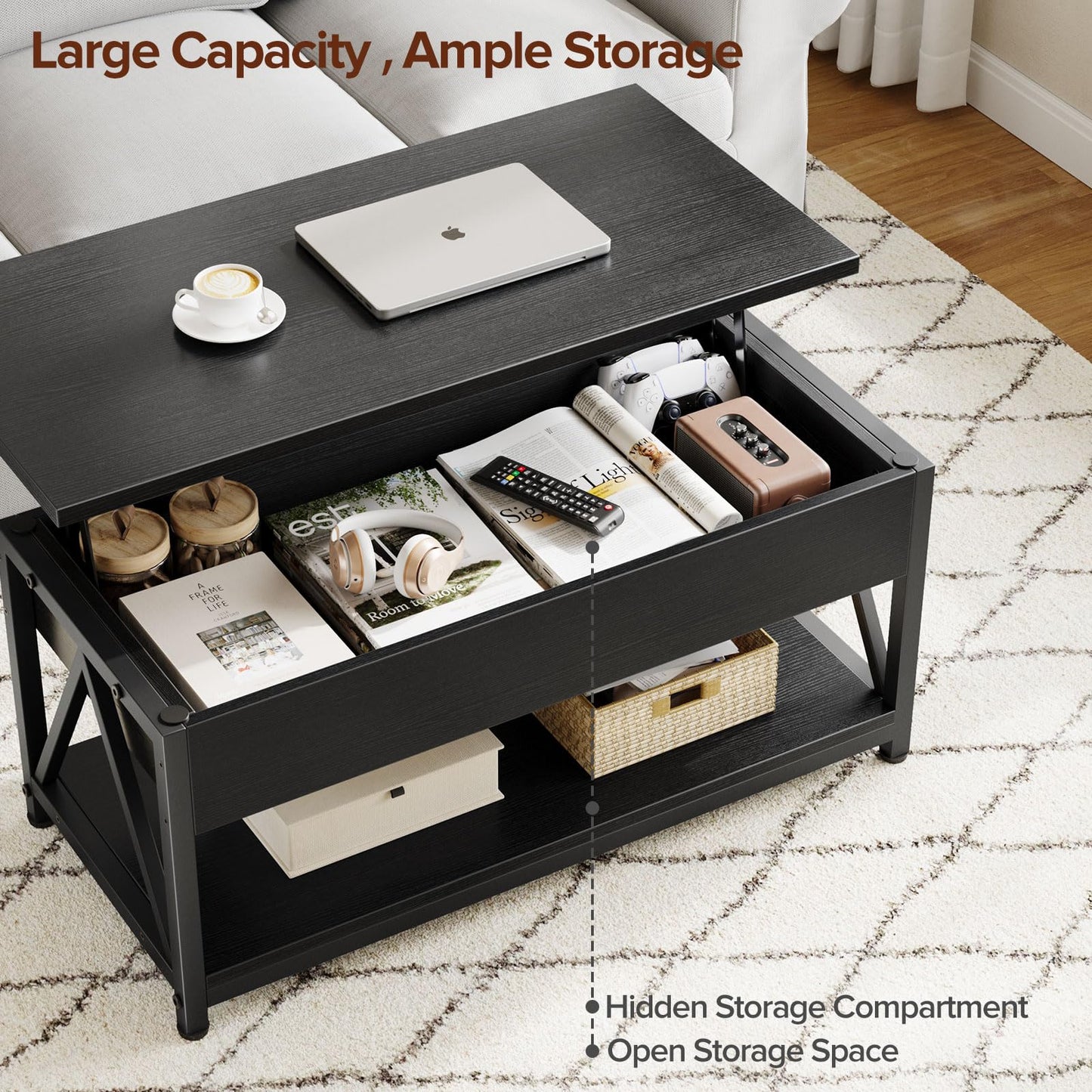 Memobarco Lift Top Coffee Table with Storage Shelf and Hidden Compartment for Small Spaces, Black