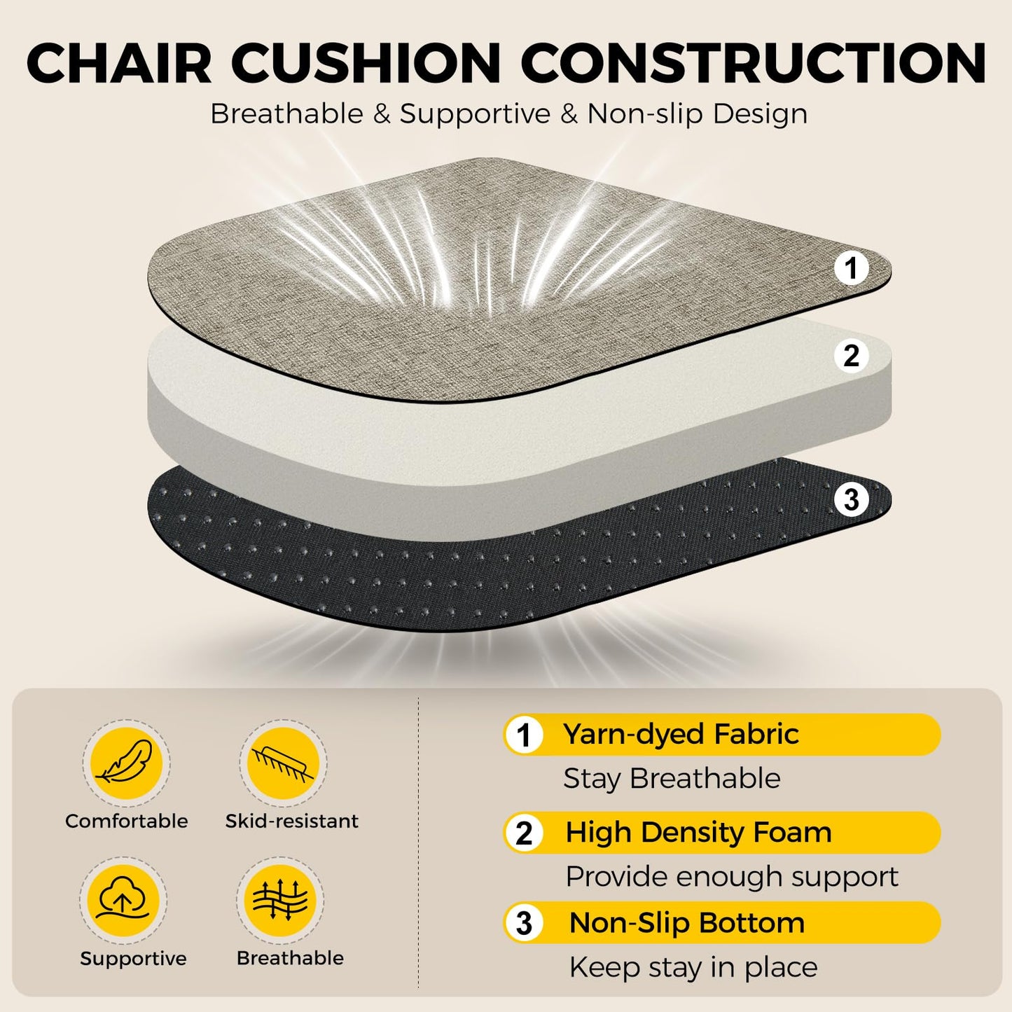 downluxe Indoor Chair Cushions for Dining Chairs, Soft and Comfortable Textured Foam Kitchen Chair Pads with Ties and Non-Slip Backing, 16" x 16" x 2", Khaki, 4 Pack