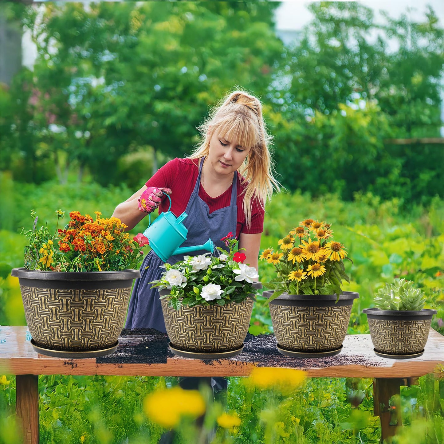 Nooulap 4 Pack 12 Inch Plant Pots,Large-Plant-Flower-Planters-Plastic, Flower Pots Outdoor Indoor with Drainage Holes & Trays, Retro Antique Imitation Decorative Garden Sets for Houseplants