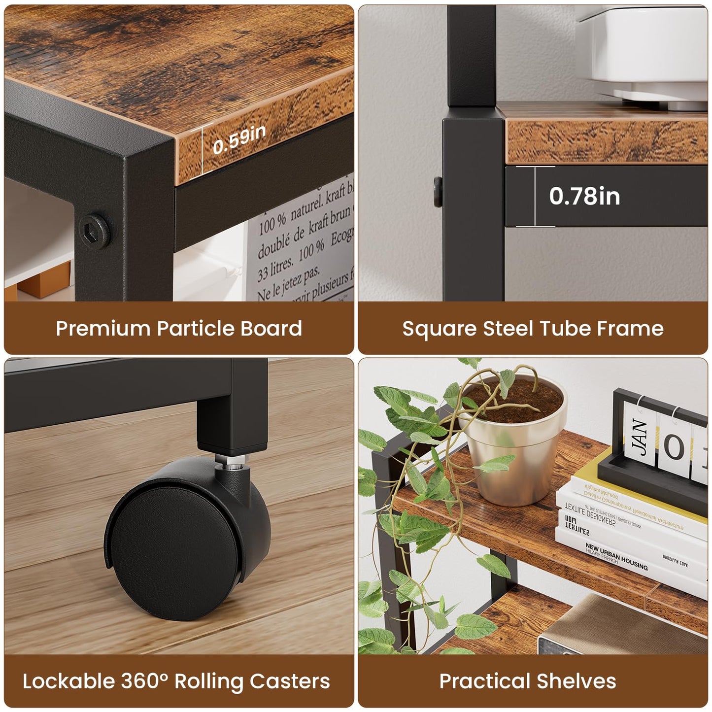 Asgolion Large Printer Stand with Storage, 4 Tier Table with Wheels for Home Office, Beside Desk for Printer, Scanner, Fax, Rustic Brown