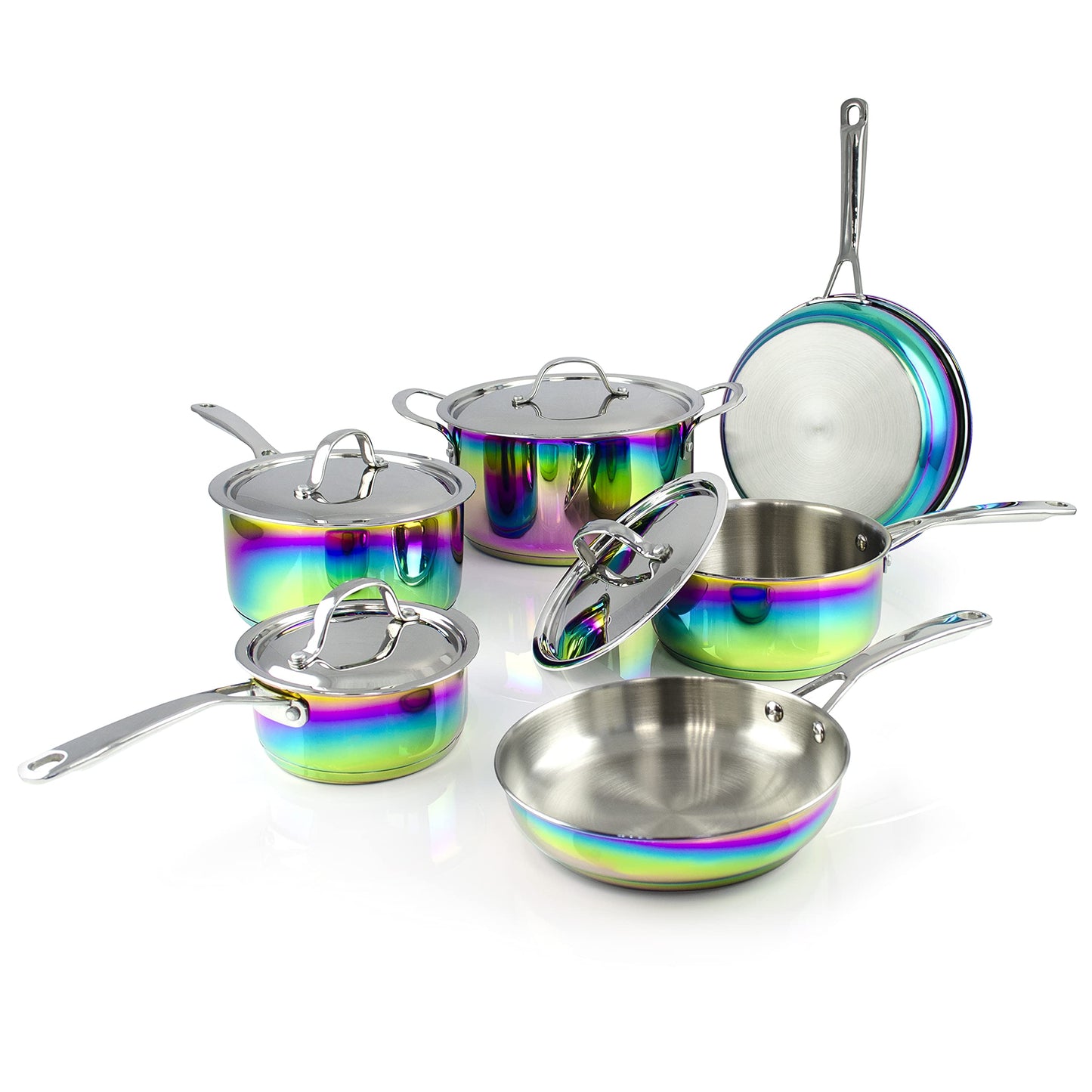 The Magical Kitchen Collection - Iridescent Rainbow Cookware Set - Premium Heavy Duty Stainless Steel and Titanium Pots & Pans Set - Rust Proof, Induction Stove & Oven-Safe (10 Piece)