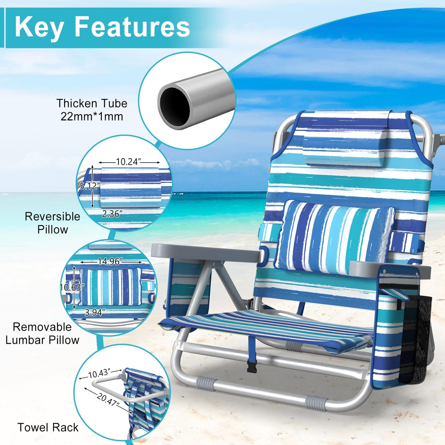 Suteck Beach Chair, Adjustable 5-Position Backpack Beach Chairs for Adults Kids, Foldable Lay Flat Chair with Cooler Bag, Cup Holder and Lumbar Pillow, Reclining Lay Down Chairs for Lawn Outdoor