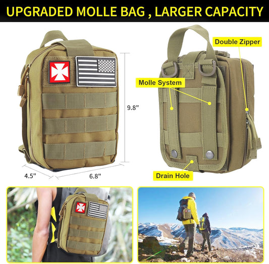 Survival Kit, 160 Pcs Emergency Supplies Camping Accessories with Upgraded Molle Bag, Gifts for Men Outdoor Adventure Camping Hiking Hunting (Green)
