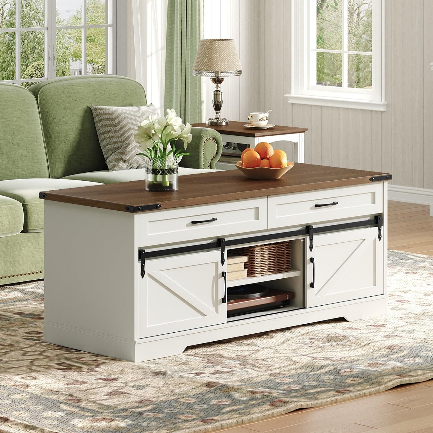 RALGEND 47" Farmhouse Coffee Table with Storage and Sliding Barn Doors, Large Rustic Center Table with 2 Drawers & Open Compartments, Wooden Coffee Table for Living Room, White and Walnut