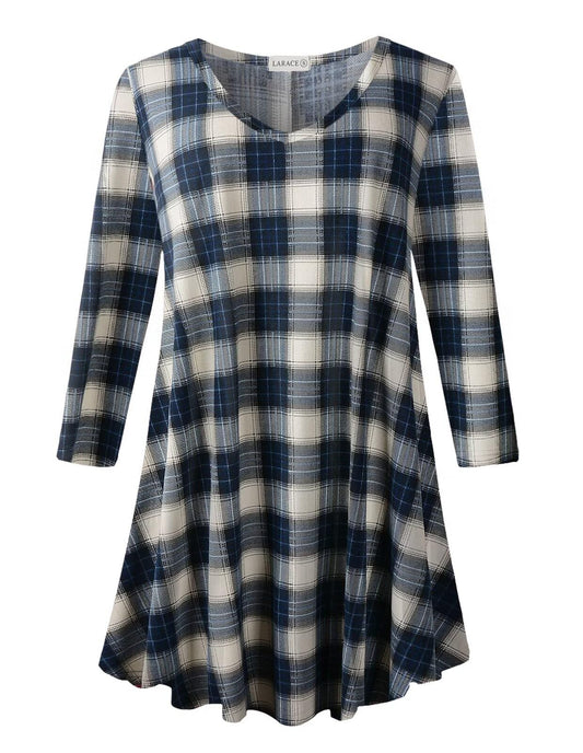 LARACE Plus Size Tops for Womens Plaid Shirts 3/4 Sleeve V Neck Tunics Loose Fit Clothing Flowy Casual Blouses(6-Khaki 2X)