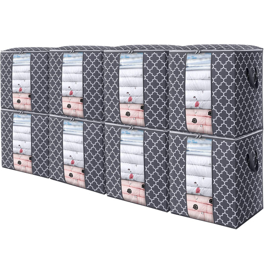 WISELIFE Storage Bags 8 Pack/100L Large Blanket Clothes Organization and Storage Containers for Comforters,Bedding, Foldable Organizer with Reinforced Handle, Clear Window, Sturdy Zippers,Gray
