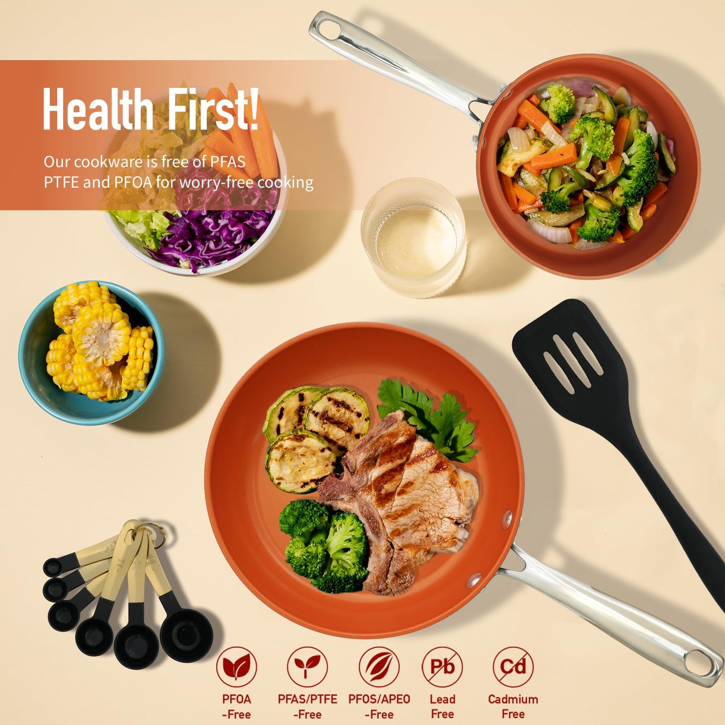 ONGIFT 24 Pcs Pots and Pans Set Nonstick, Ceramic Cookware Sets, Kitchen Cookware Sets without PFAS, PTFE or PFOA, Compatible with All Stovetops, Oven Safe,Copper