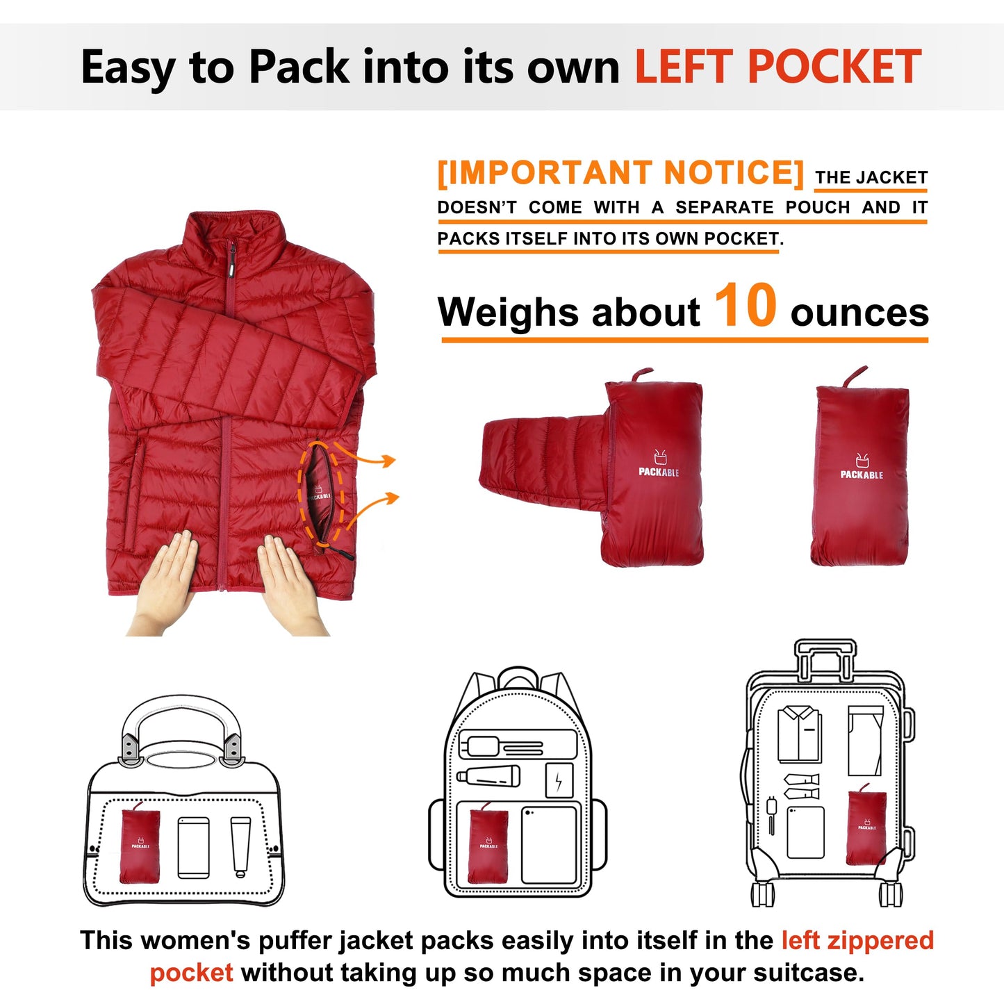 Outdoor Ventures Women's Packable Full-Zip Short Puffer Jacket Insulated Quilted Warm Lightweight Winter Coat