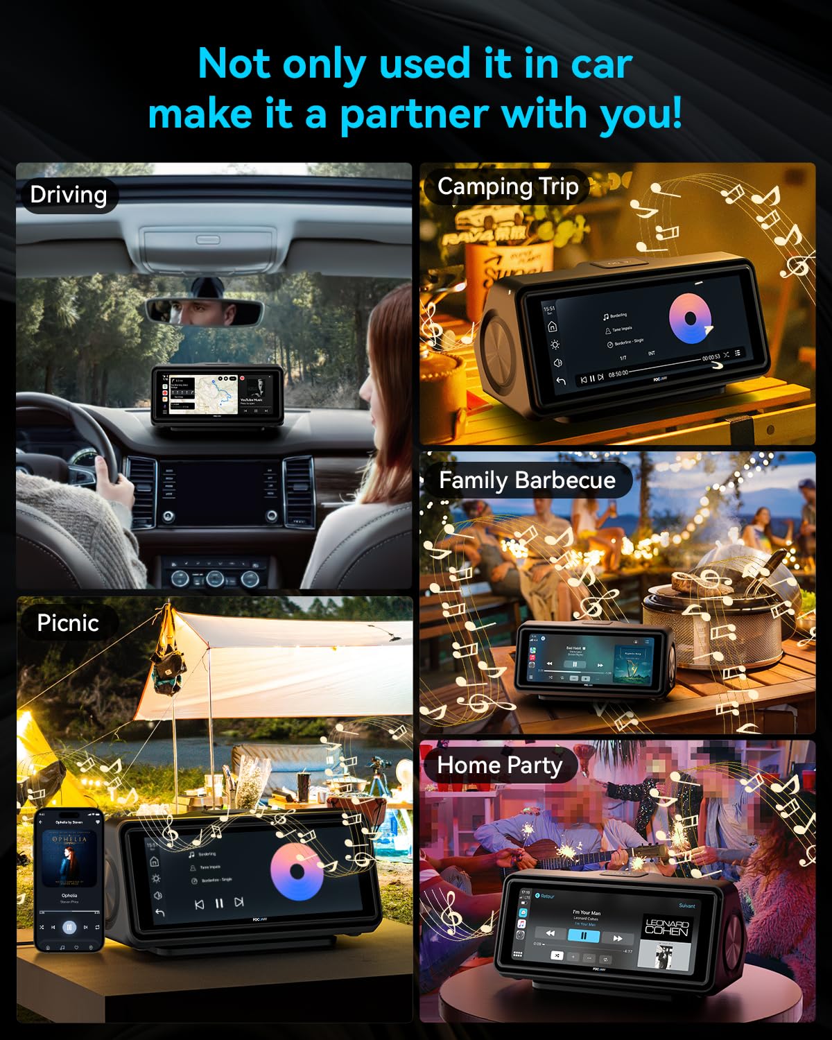 Portable Apple Carplay Screen for Car, Touch Screen with Wireless Android Auto, Car Audio Receivers with Voice Control, Mirror Link, Music Play, GPS Navigation, Built-in Customized Speakers (Black)