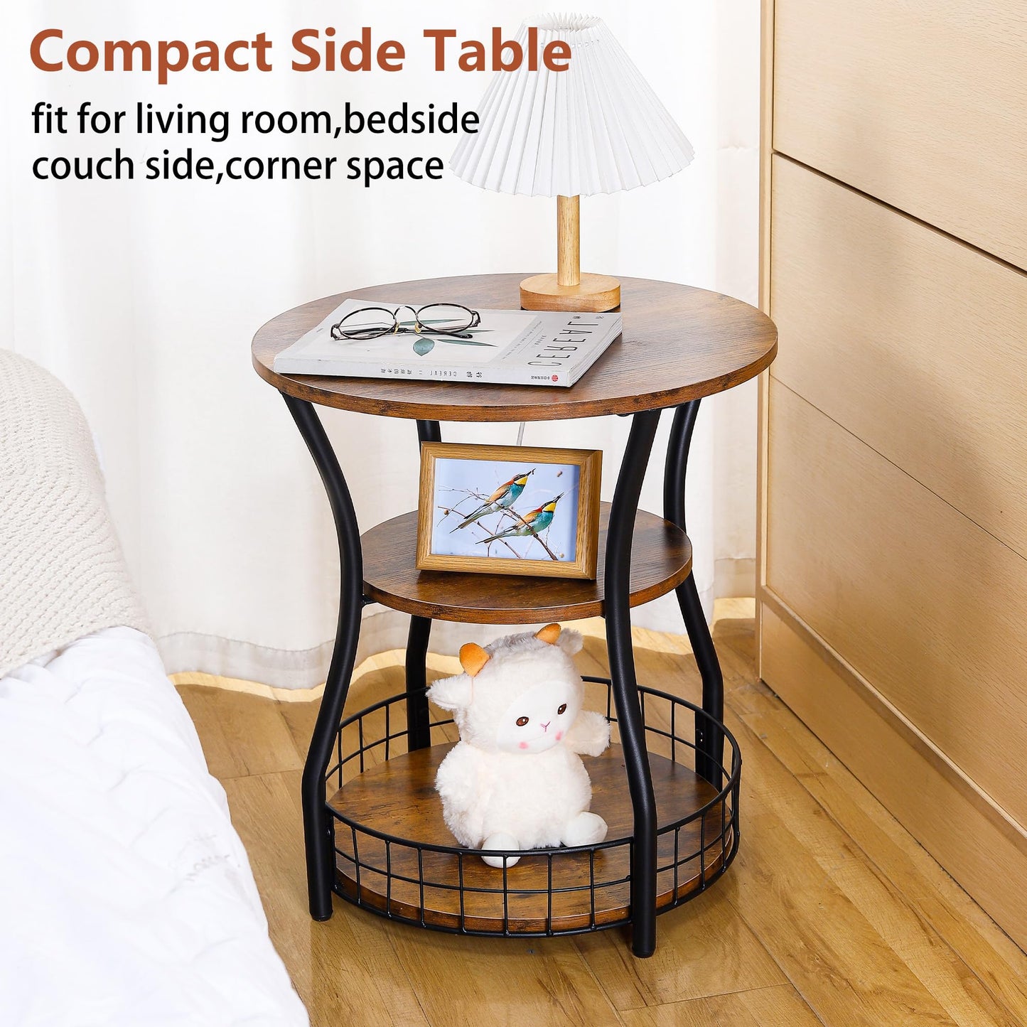 Anlanbor Side Table, 3 Tier Small Round End Table with Storage Shelves for Living Room, Bedroom, Accent Coffee Sofa Couch Table for Small Spaces,Round Nightstand with Metal Frame, Rustic Brown