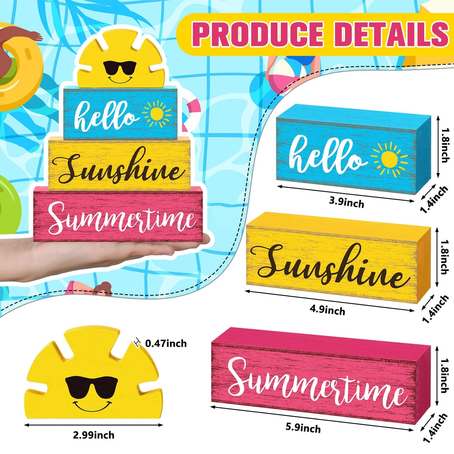 Yuntau Summer Table Decor Hello Sunshine Wooden Block Sign Farmhouse Summertime Beach Tiered Tray Decor Rustic Table Centerpieces Summer Decorations for Home Desk Shelf Mantle Office Decorations