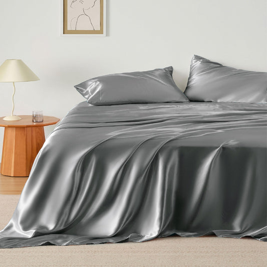 Bedsure Satin Sheets Queen Size - Luxury Silky Bed Sheet Set, Ultra Soft & Wrinkle Free, Good for Hair & Skin, Gifts for Women, 15 Inches Deep Pocket, 4-Piece (Queen, Dark Grey)