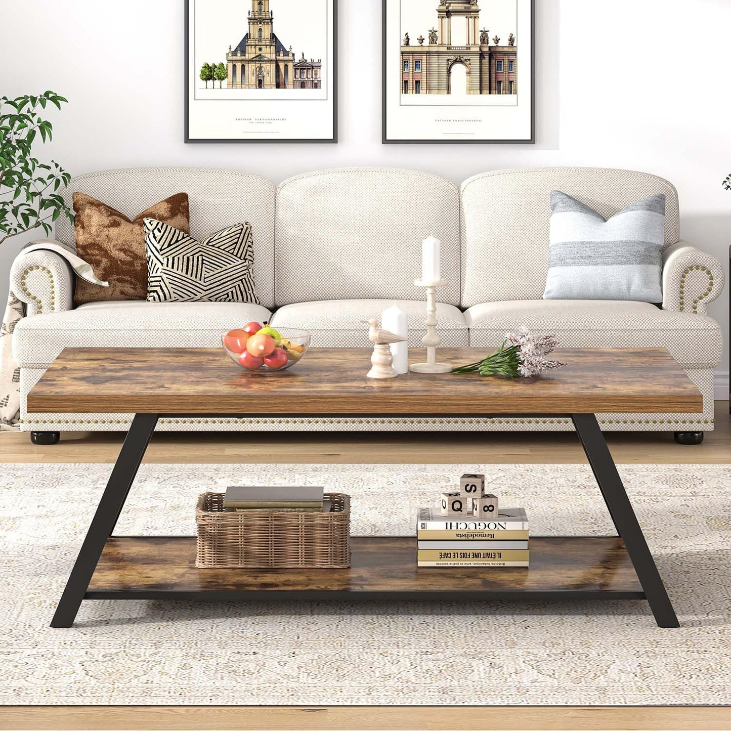 EXCEFUR Modern Coffee Table, Wood and Metal Living Room Center Table with Storage Shelf, Industrial Rectangle Cocktail Tea Table, Rustic Brown, 47 Inch