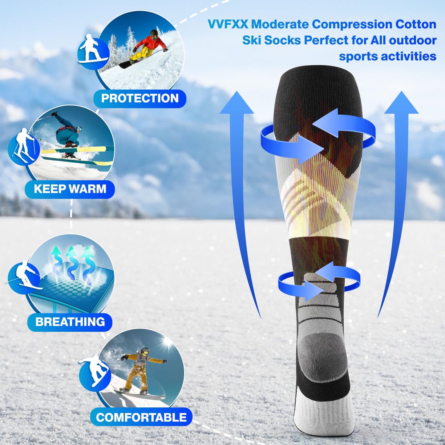 vvfxx Ski Socks, Cold Weather Socks for Snowboarding, Snow, Winter, Thermal Knee-high Warm Socks, Hunting
