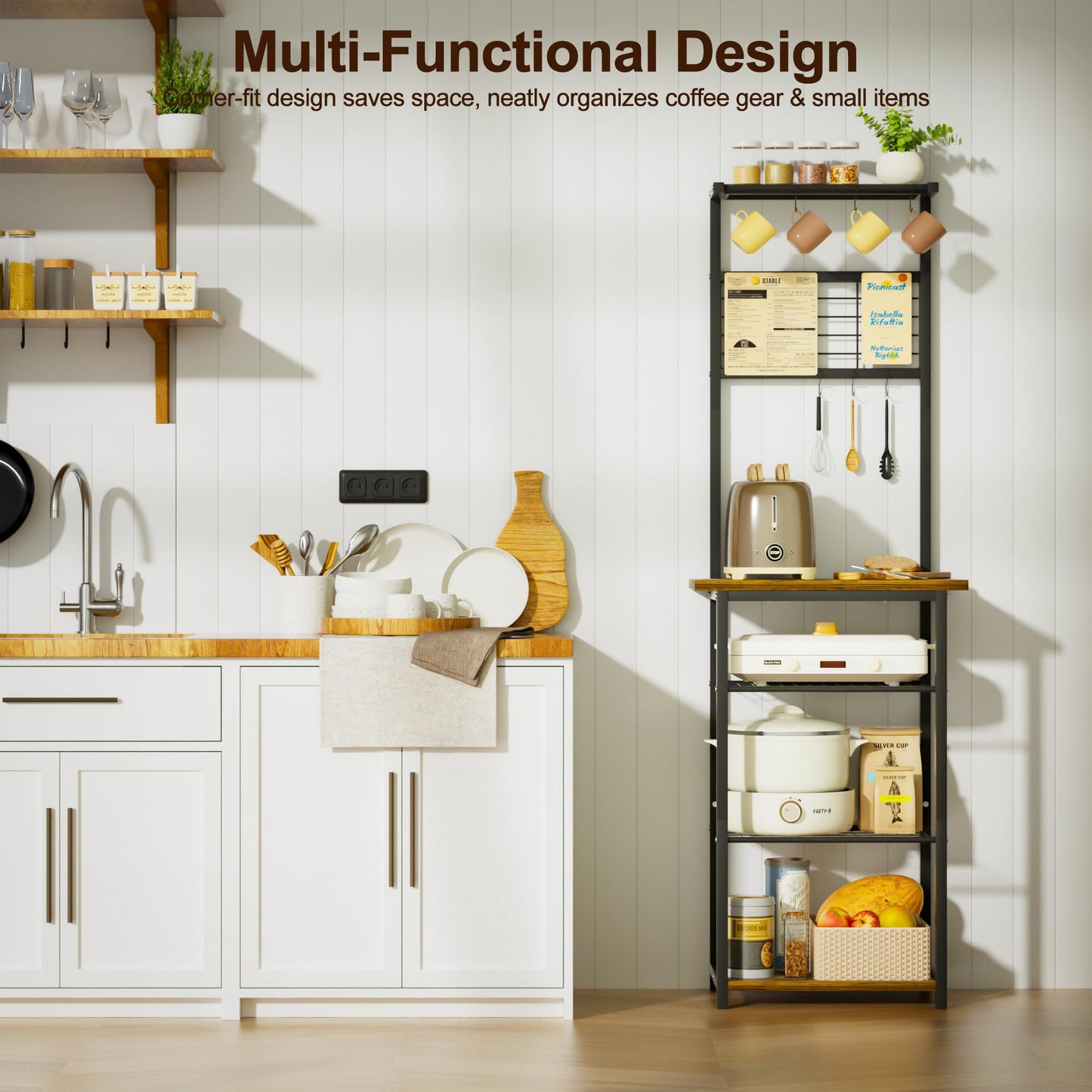 BUTUNITA Coffee Bar Station with 5 Tiers - Small Coffe Bar Kitchen Shelf with 4 S-Shaped Hooks - Corner Storage Baker's Rack for Small Spaces, Entryways, and Living Rooms