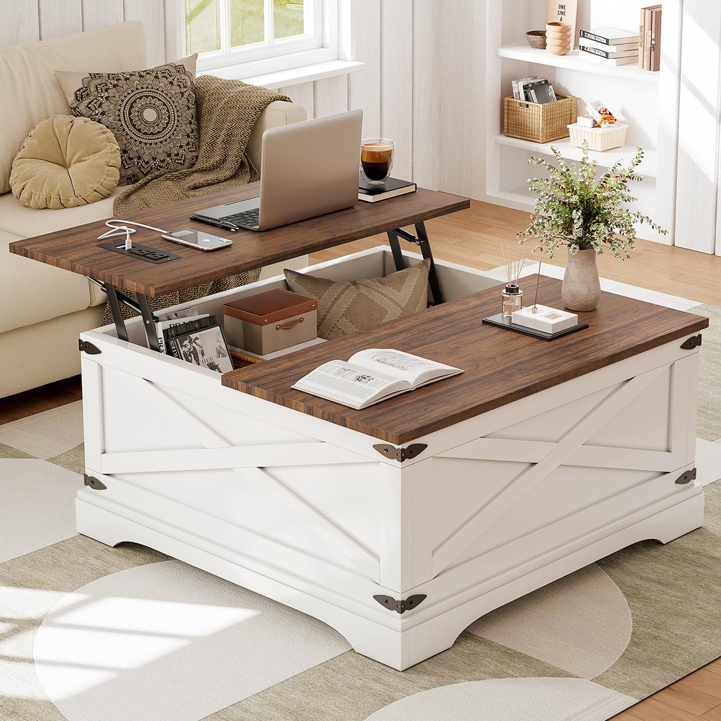 BROTTAR Lift Top Coffee Table with Storage, Square Coffee Table for Living Room with Charging Ports, Farmhouse Dining Table with Large Hidden Storage, White, 31.5"