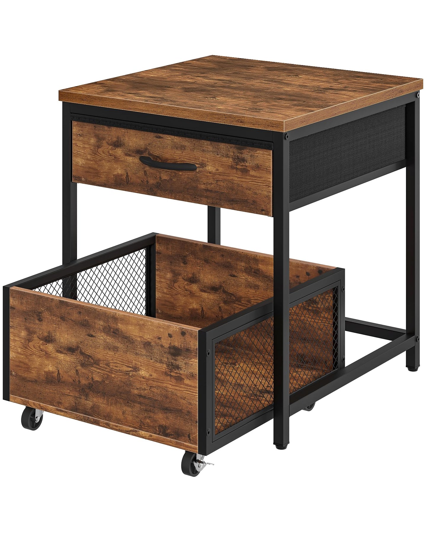 CHOEZON End Table, 19.7 Inch Square Side Table, Mini Fridge Stand with Storage, Nightstand with Mobile Basket Cart, for Living Room, Bedroom, Rustic Brown and Black TBZ55BF