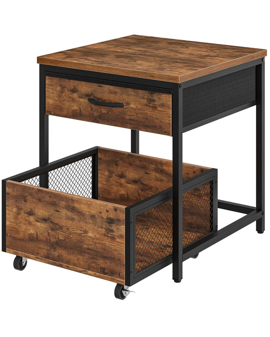 CHOEZON End Table, 19.7 Inch Square Side Table, Mini Fridge Stand with Storage, Nightstand with Mobile Basket Cart, for Living Room, Bedroom, Rustic Brown and Black TBZ55BF