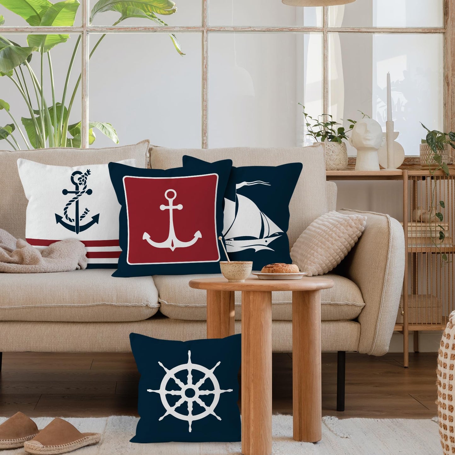 HUYAW Navy Blue Nautical Ocean Boat Anchor Throw Pillow Covers, Ship Nautical Gifts, Boat Pillow Cases 18 x 18 Inch Home Ship Sofa Decor Set of 4